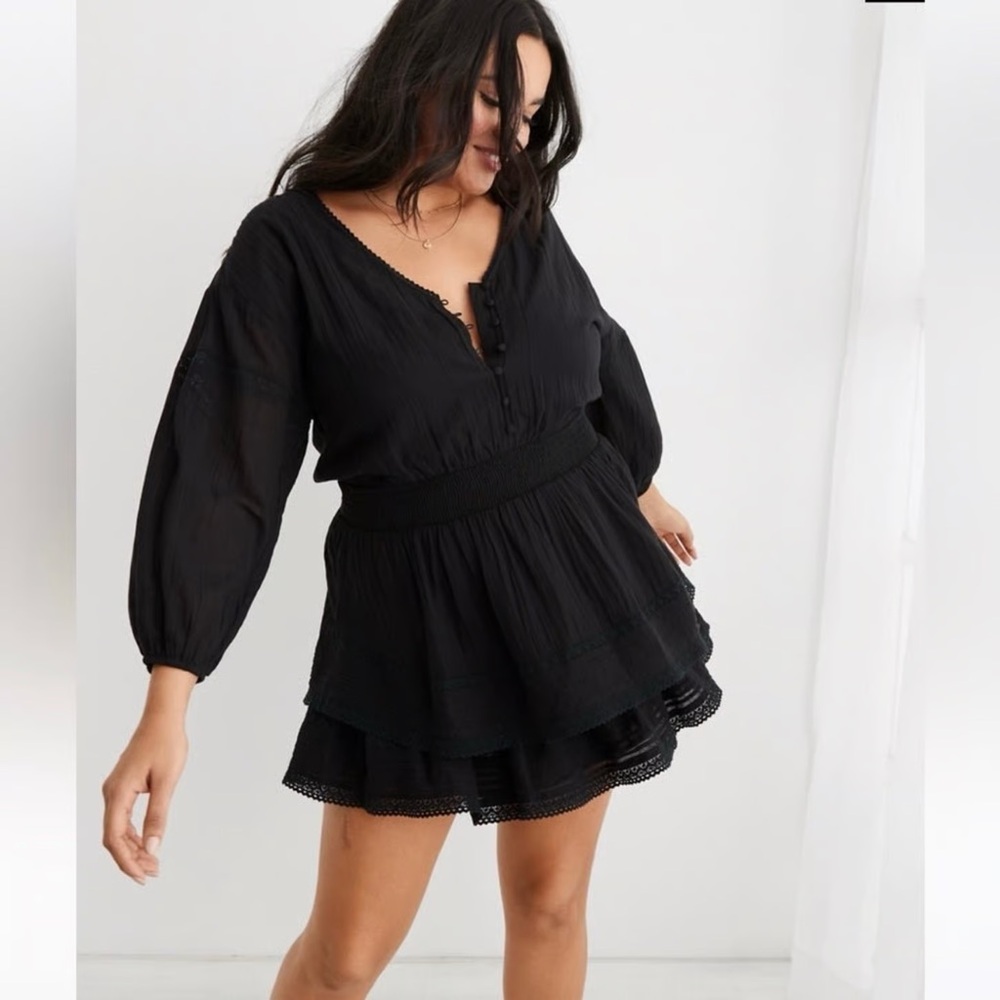 Aerie Black Button-Front Dress